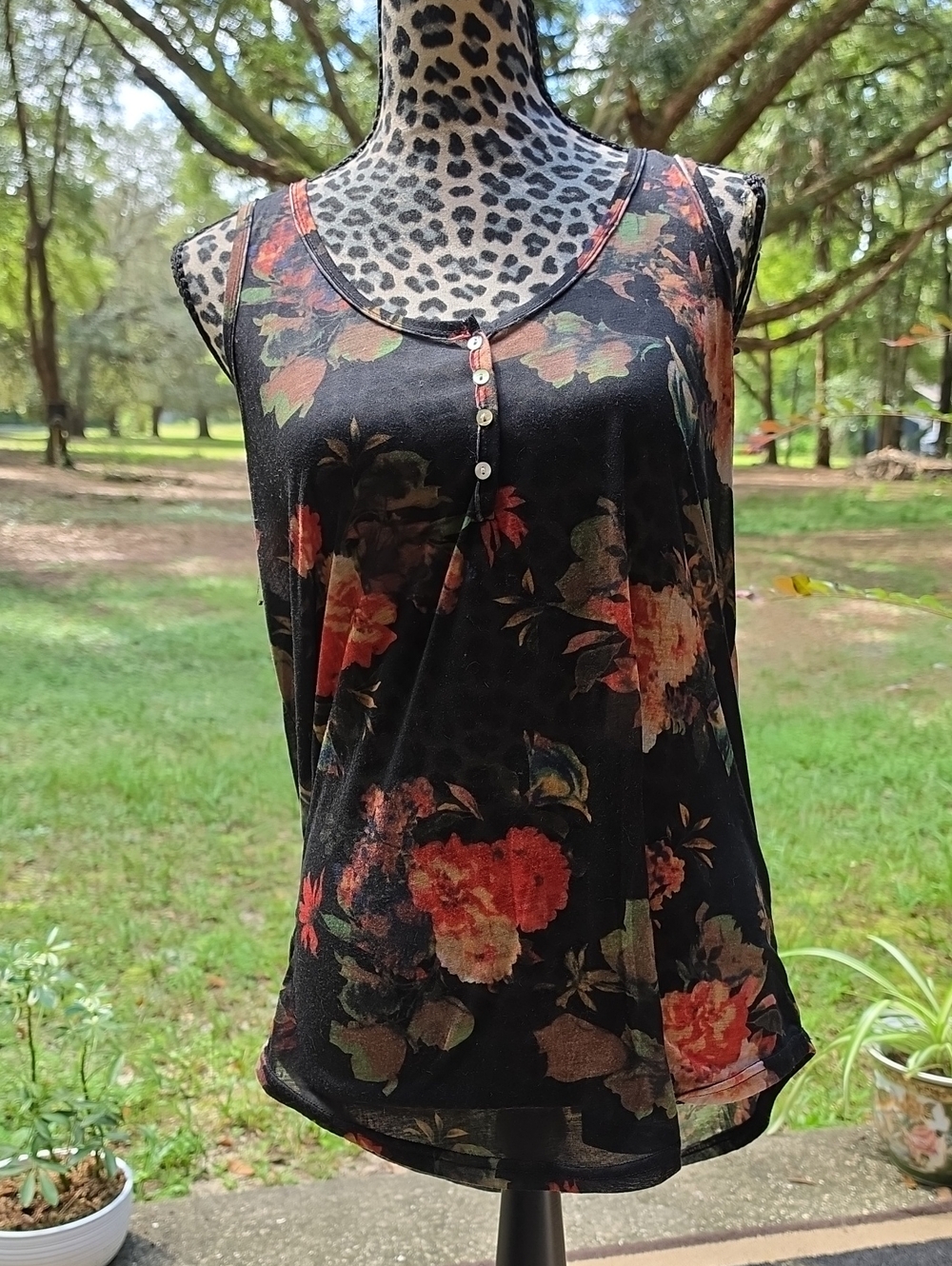 Jeans By Buffalo Black Floral Henley Tank with Red and Green Blooms